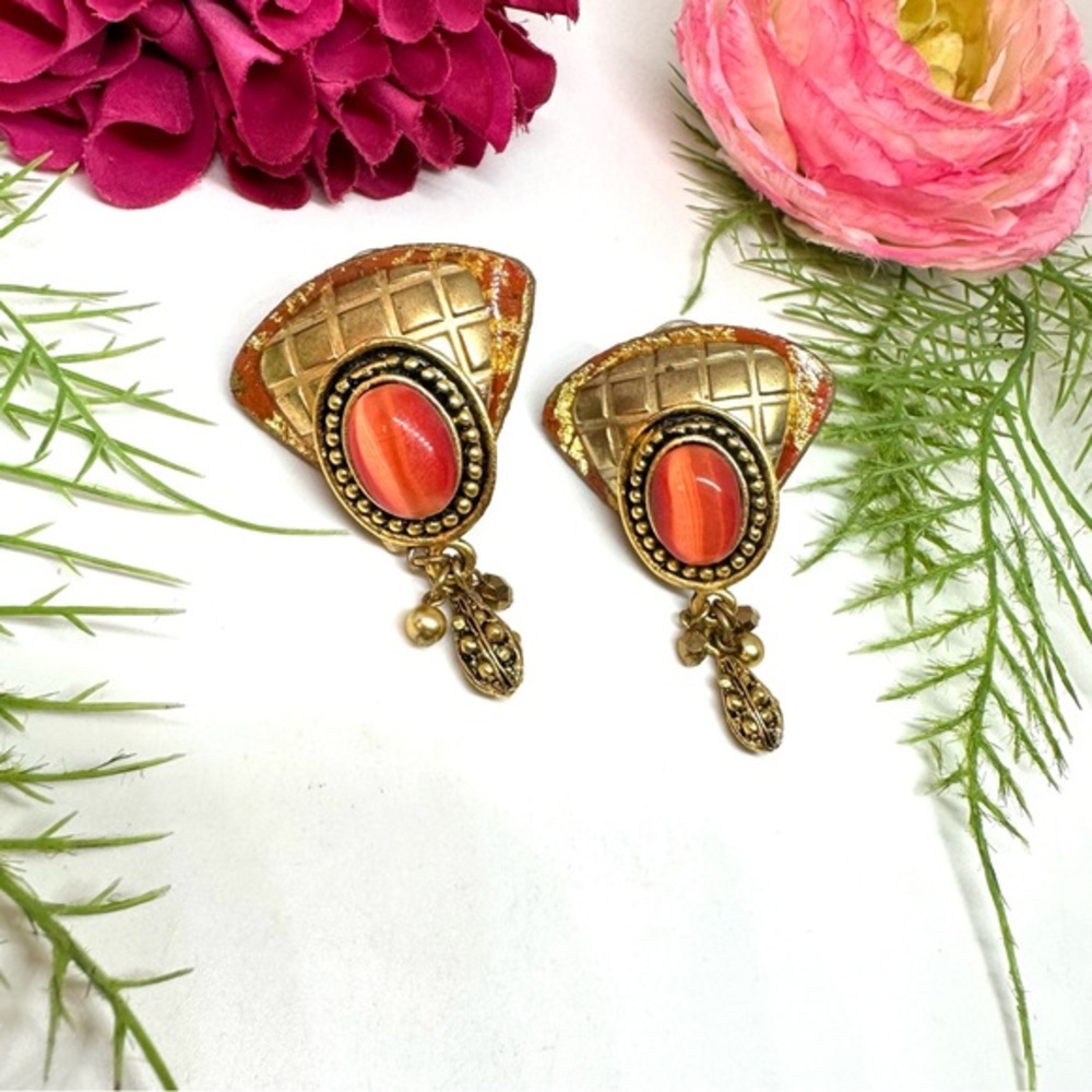 VINTAGE⚜️RETRO Orange Glass Cabochon Clip Earrings